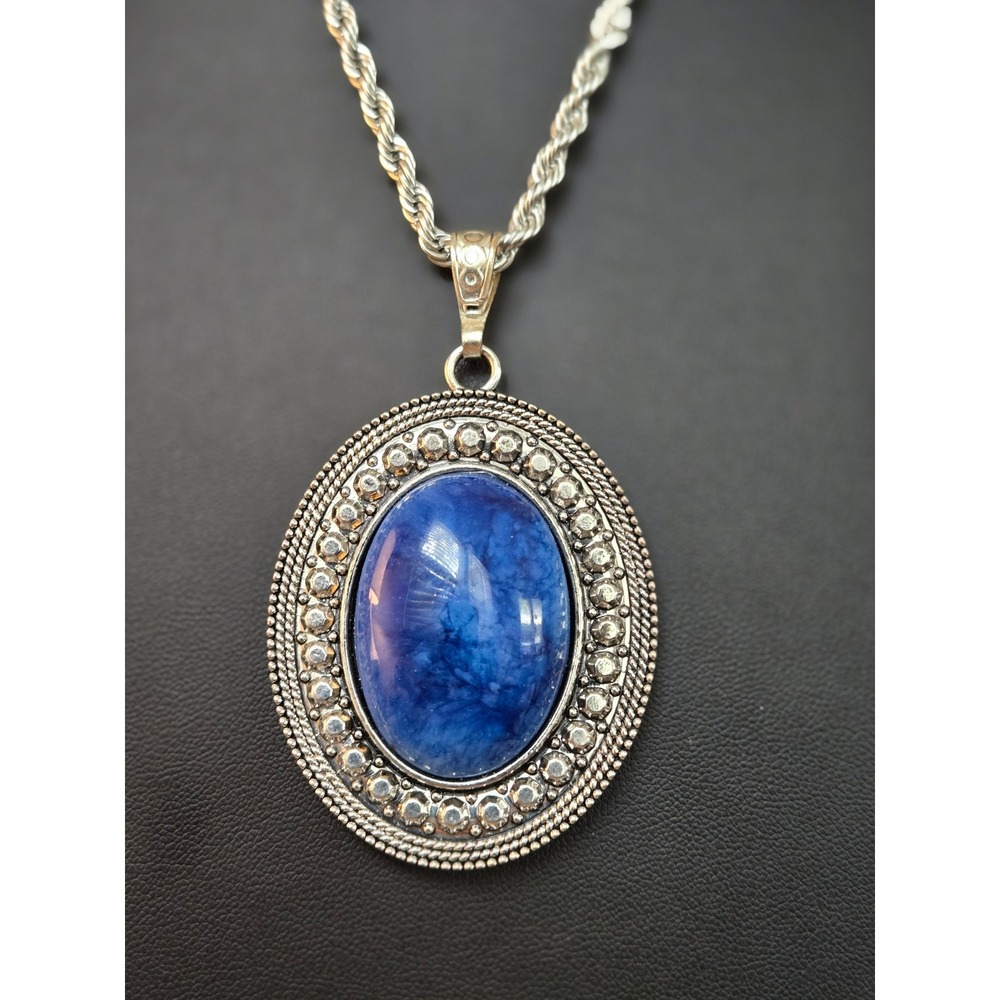 Blue Lapis Color Glass Pendant Necklace Vintage Style Nice Silvertone Chain